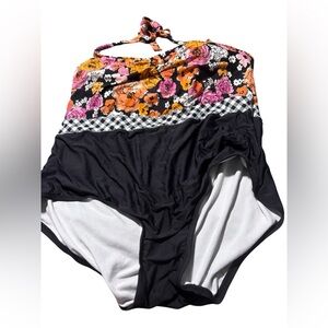 Black One-Piece Swimsuit with Pink & Orange Floral Bust